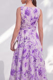 Purple Flower V-Neck A Line Maxi Beach Wedding Guest Dress with Bow