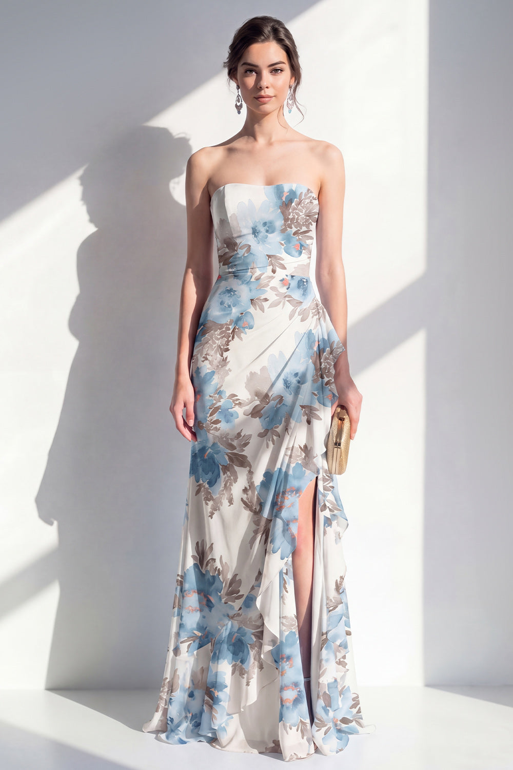 Blue Flower Mermaid Ruched Beach Wedding Guest Dress with Ruffles