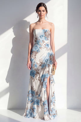 Blue Flower Mermaid Ruched Beach Wedding Guest Dress with Ruffles