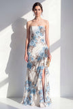 Blue Flower Mermaid Ruched Beach Wedding Guest Dress with Ruffles