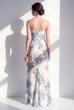 Blue Flower Mermaid Ruched Beach Wedding Guest Dress with Ruffles
