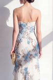 Blue Flower Mermaid Ruched Beach Wedding Guest Dress with Ruffles