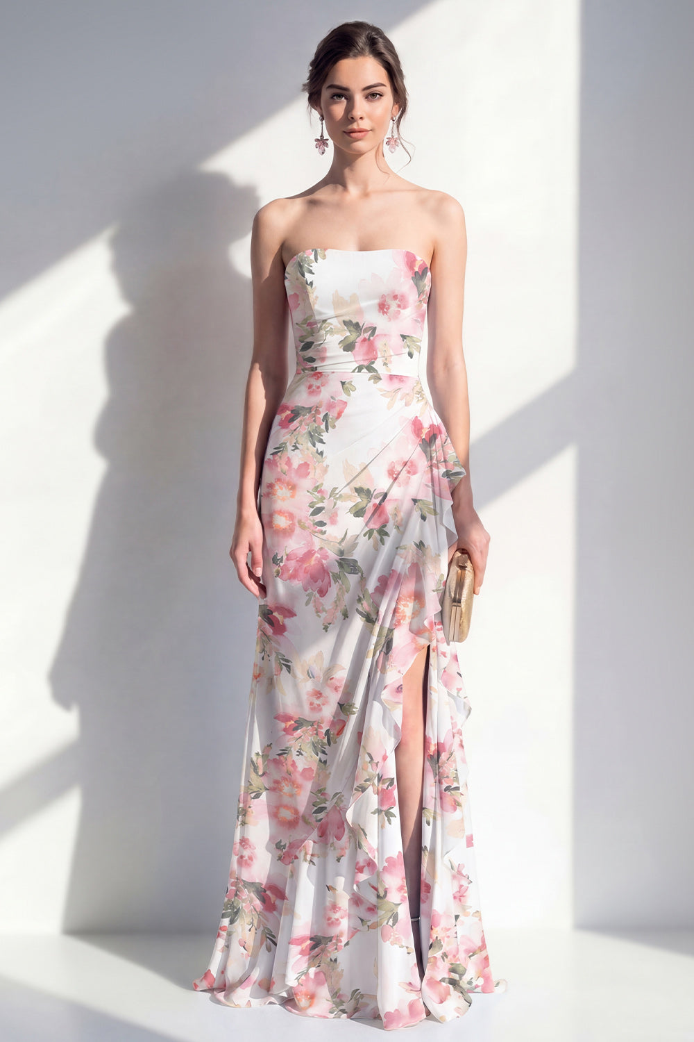 Blue Flower Mermaid Ruched Beach Wedding Guest Dress with Ruffles