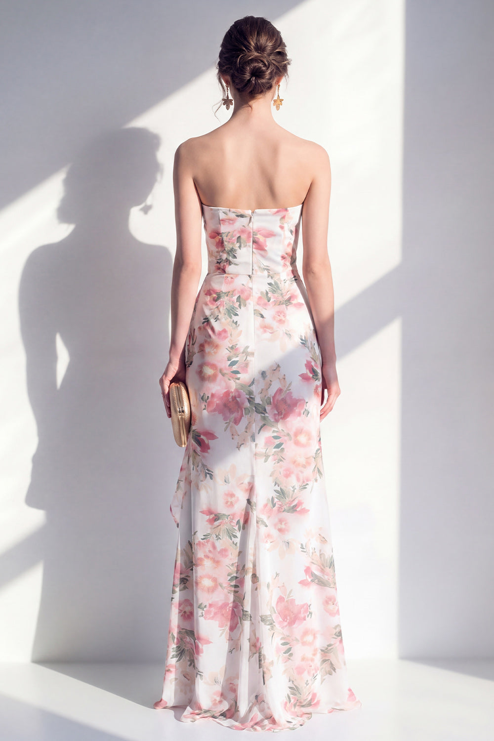 Blue Flower Mermaid Ruched Beach Wedding Guest Dress with Ruffles