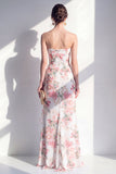 Blue Flower Mermaid Ruched Beach Wedding Guest Dress with Ruffles