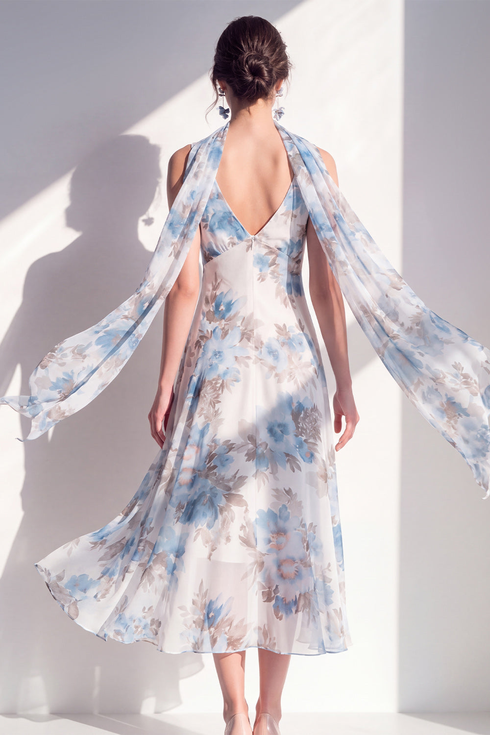 V-Neck Blue Flower A Line Beach Wedding Guest Dress