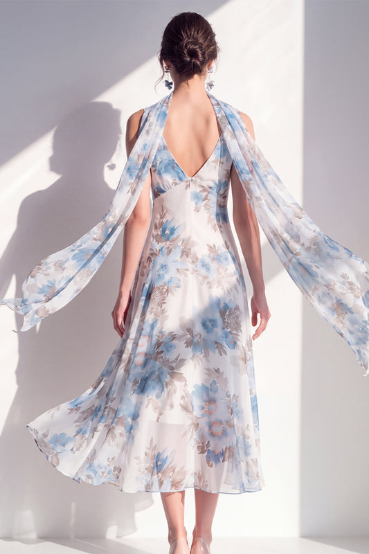 V-Neck Blue Flower A Line Beach Wedding Guest Dress