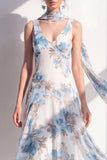 V-Neck Blue Flower A Line Beach Wedding Guest Dress
