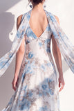 V-Neck Blue Flower A Line Beach Wedding Guest Dress