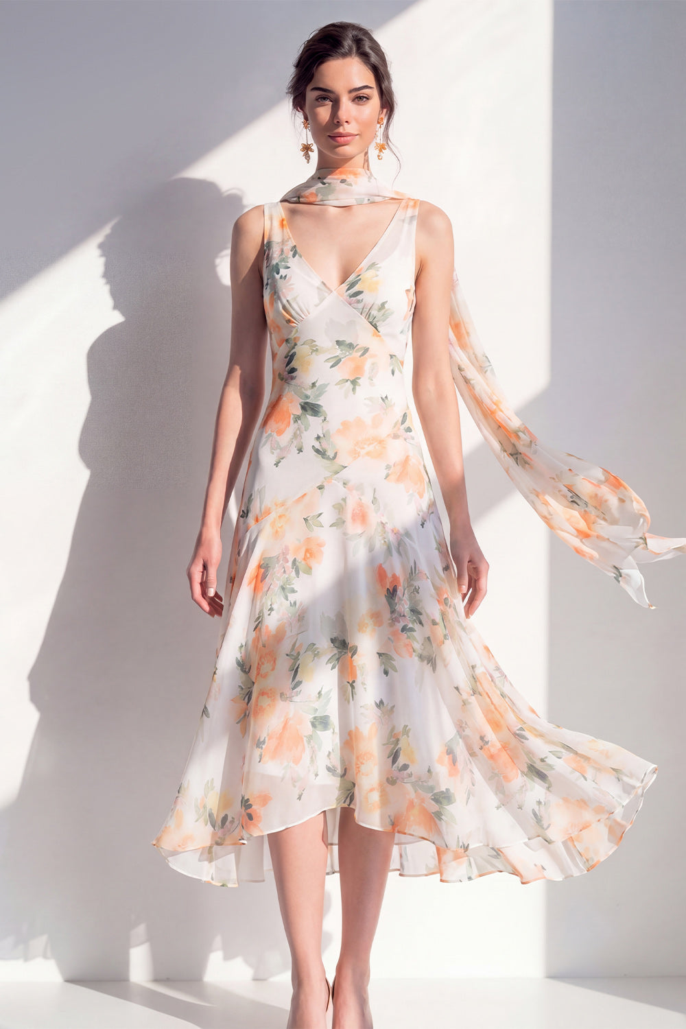 V-Neck Blue Flower A Line Beach Wedding Guest Dress
