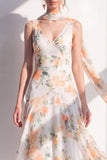 V-Neck Blue Flower A Line Beach Wedding Guest Dress