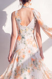 V-Neck Blue Flower A Line Beach Wedding Guest Dress