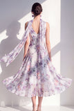 V-Neck Blue Flower A Line Beach Wedding Guest Dress
