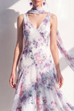 V-Neck Blue Flower A Line Beach Wedding Guest Dress