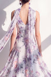 V-Neck Blue Flower A Line Beach Wedding Guest Dress
