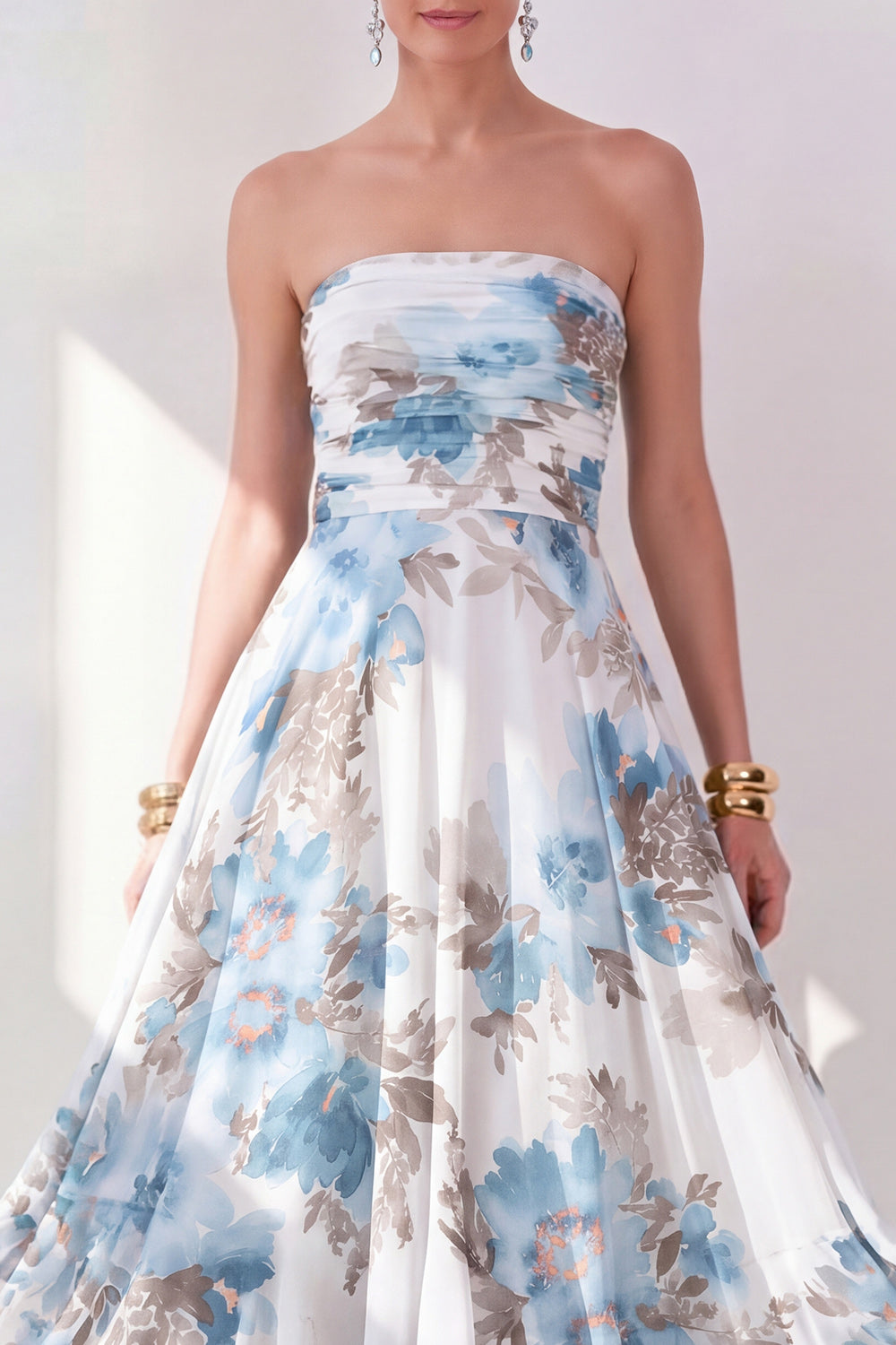 Orange Flower Strapless Ruched A Line Beach Wedding Guest Dress