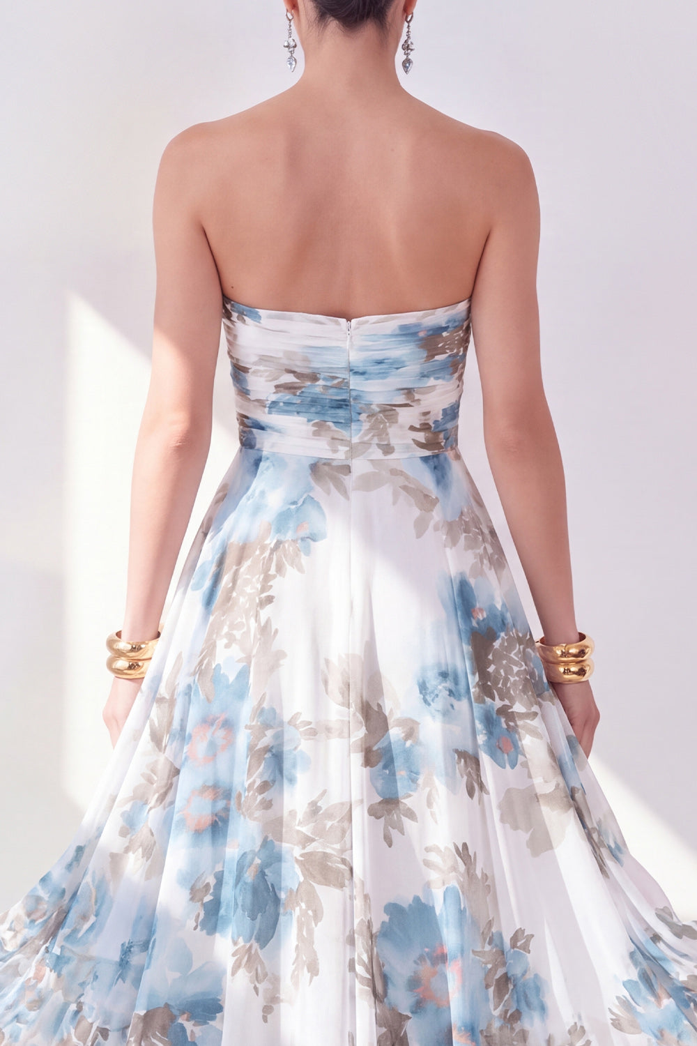 Orange Flower Strapless Ruched A Line Beach Wedding Guest Dress