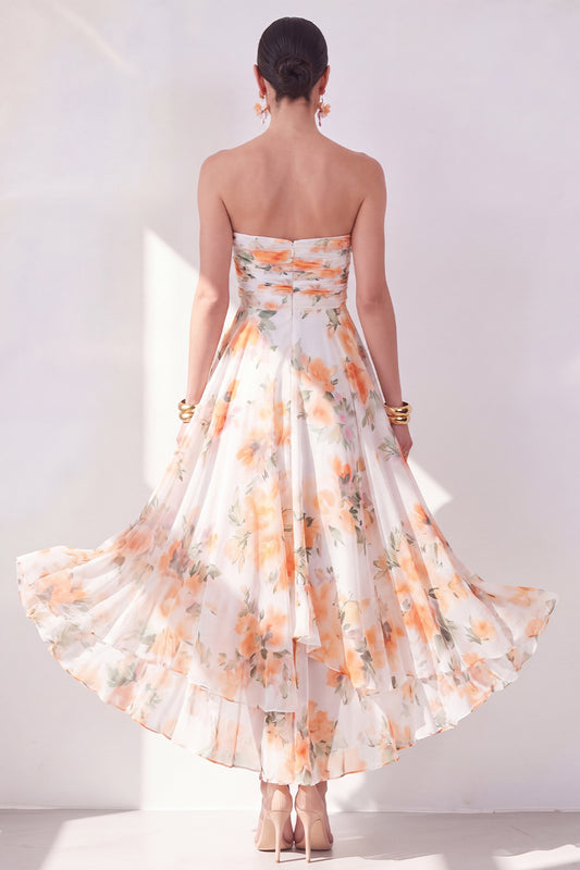 Zapakasa Women Orange Flower Maxi Beach Wedding Guest Dress Strapless  Ruched A Line Summer Dress