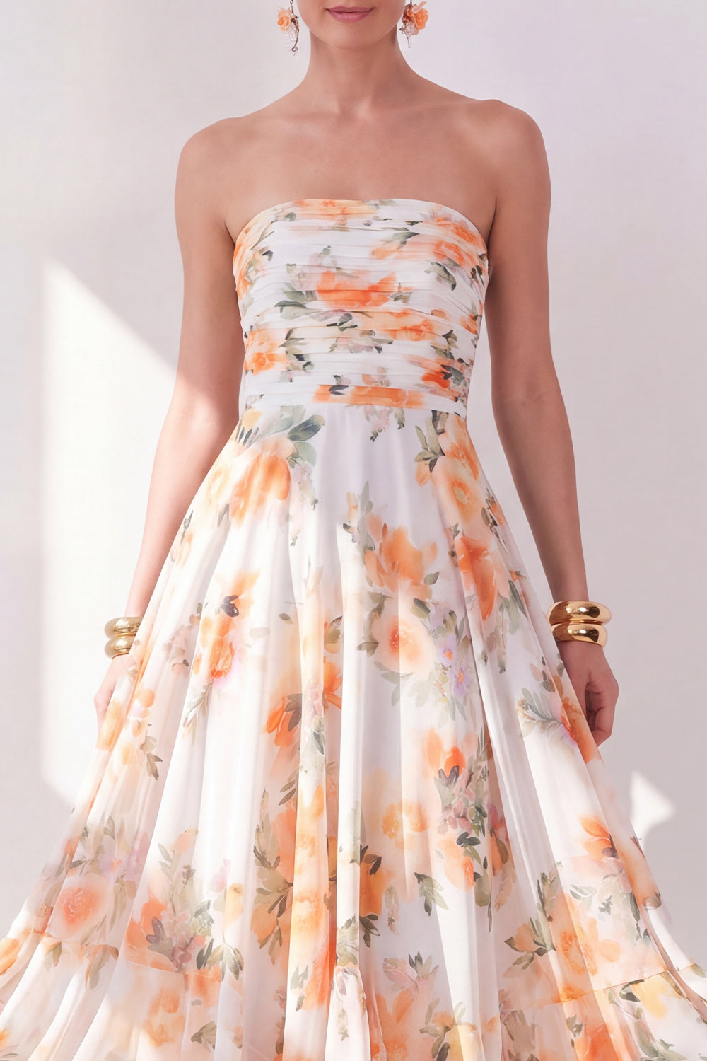 Orange Flower Strapless Ruched A Line Beach Wedding Guest Dress