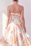 Orange Flower Strapless Ruched A Line Beach Wedding Guest Dress