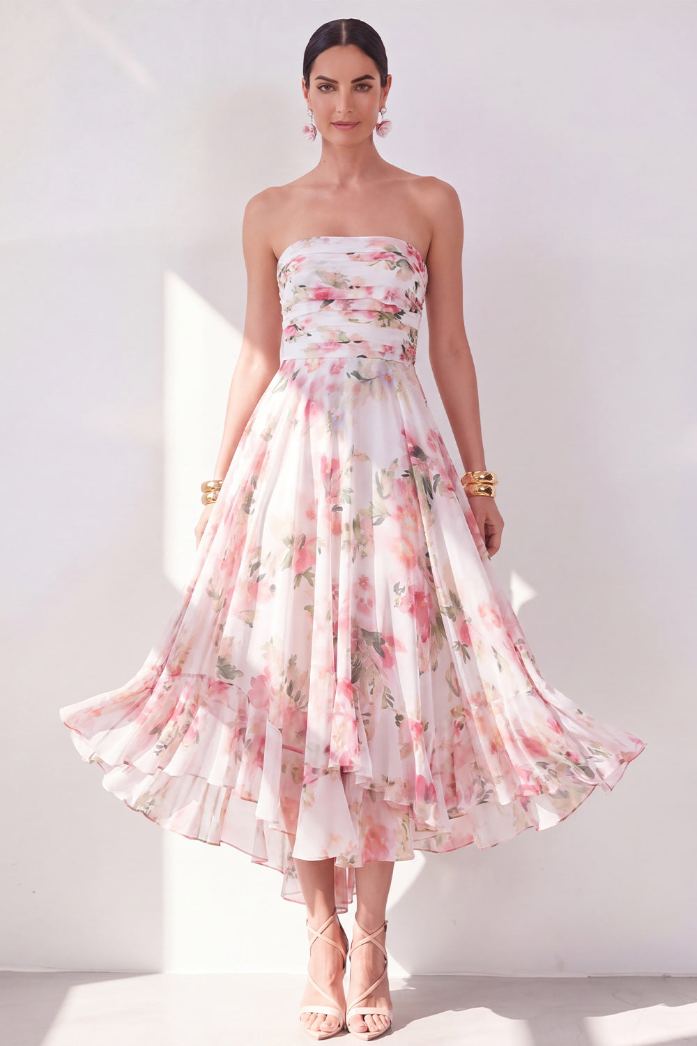 Orange Flower Strapless Ruched A Line Beach Wedding Guest Dress