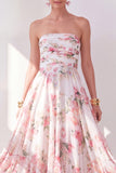 Orange Flower Strapless Ruched A Line Beach Wedding Guest Dress