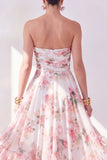 Orange Flower Strapless Ruched A Line Beach Wedding Guest Dress