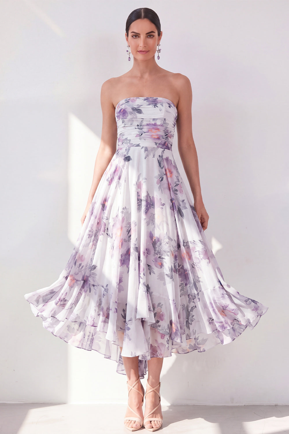 Orange Flower Strapless Ruched A Line Beach Wedding Guest Dress