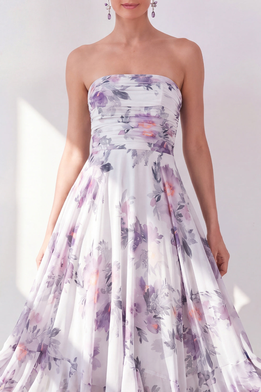 Orange Flower Strapless Ruched A Line Beach Wedding Guest Dress