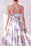 Orange Flower Strapless Ruched A Line Beach Wedding Guest Dress