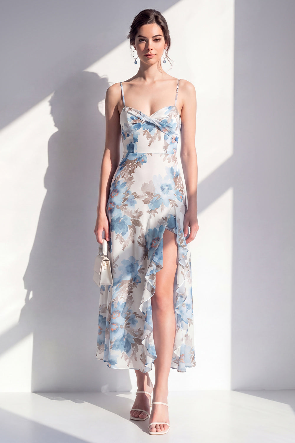 Pink Flower Ruffled Sheath Beach Wedding Guest Dress with Slit