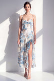 Pink Flower Ruffled Sheath Beach Wedding Guest Dress with Slit