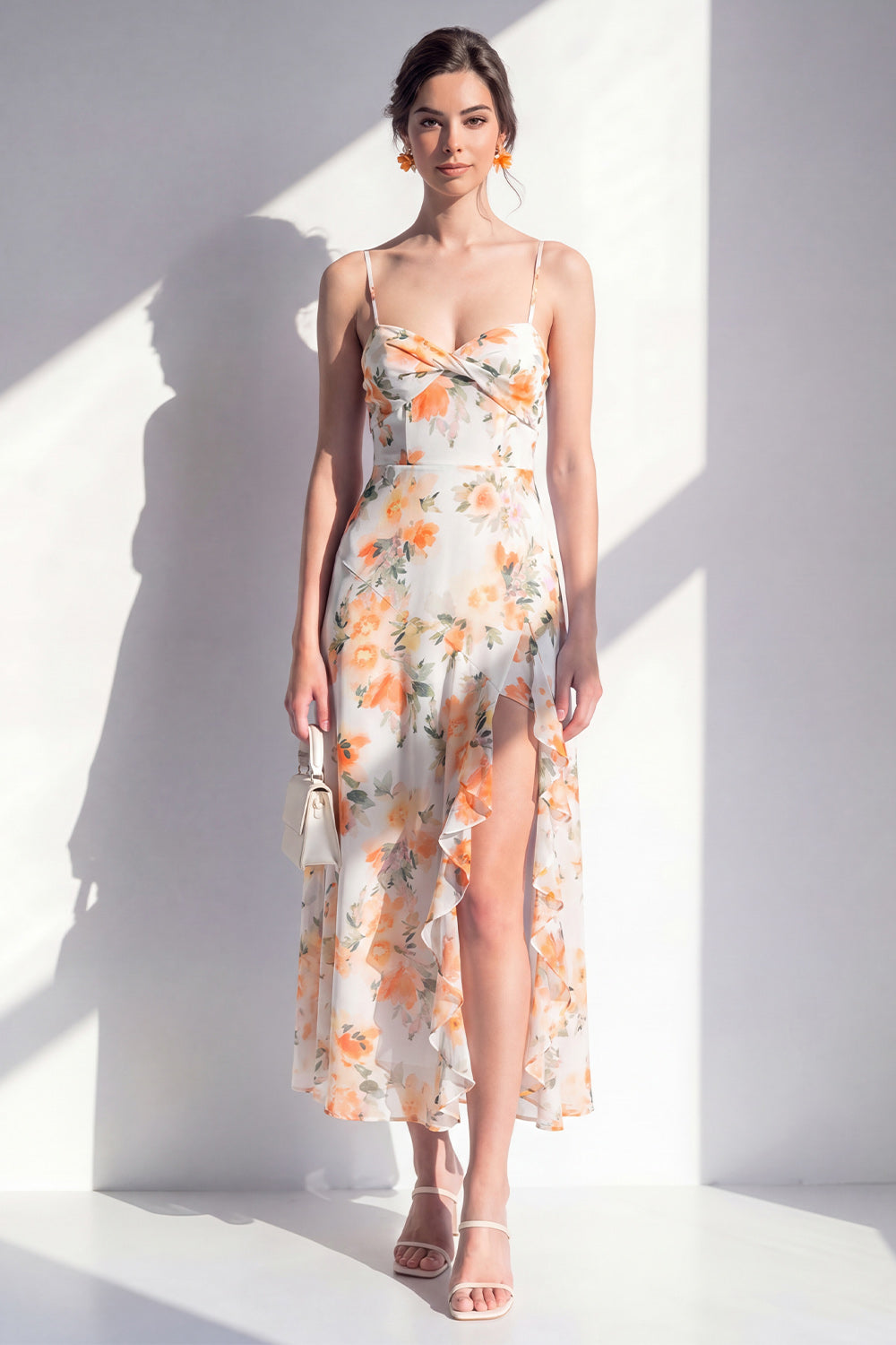 Pink Flower Ruffled Sheath Beach Wedding Guest Dress with Slit