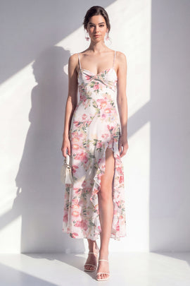 Pink Flower Ruffled Sheath Beach Wedding Guest Dress with Slit