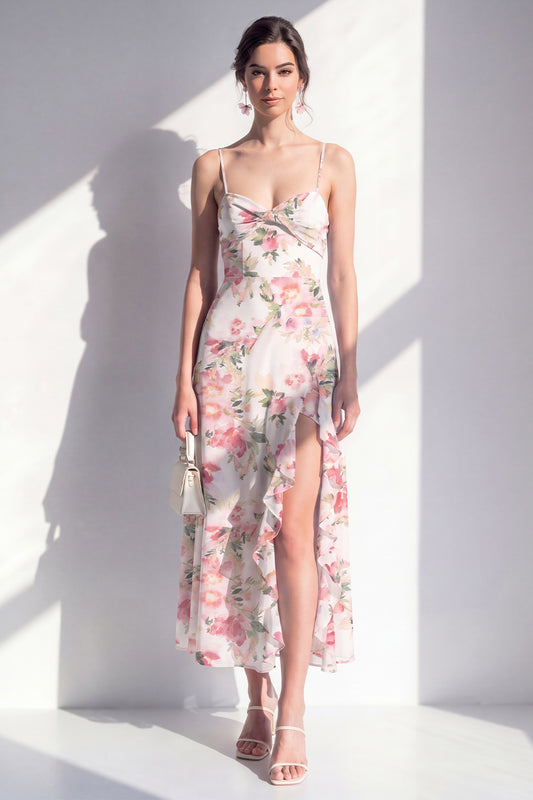 Pink Flower Ruffled Sheath Beach Wedding Guest Dress with Slit