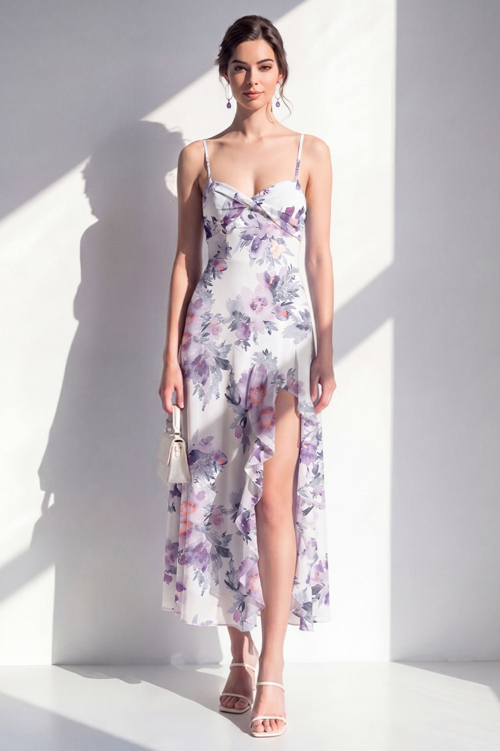 Pink Flower Ruffled Sheath Beach Wedding Guest Dress with Slit