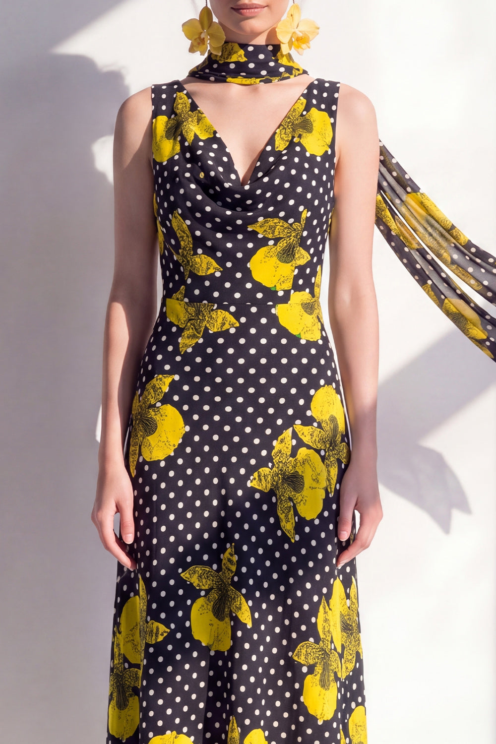 Black Yellow Flower Polka Dots Sheath Maxi Beach Wedding Guest Dress
