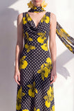 Black Yellow Flower Polka Dots Sheath Maxi Beach Wedding Guest Dress
