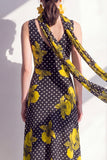 Black Yellow Flower Polka Dots Sheath Maxi Beach Wedding Guest Dress