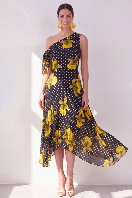 A Line Black Yellow Flower Polka Dots Maxi Beach Wedding Guest Dress