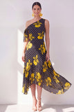 A Line Black Yellow Flower Polka Dots Maxi Beach Wedding Guest Dress