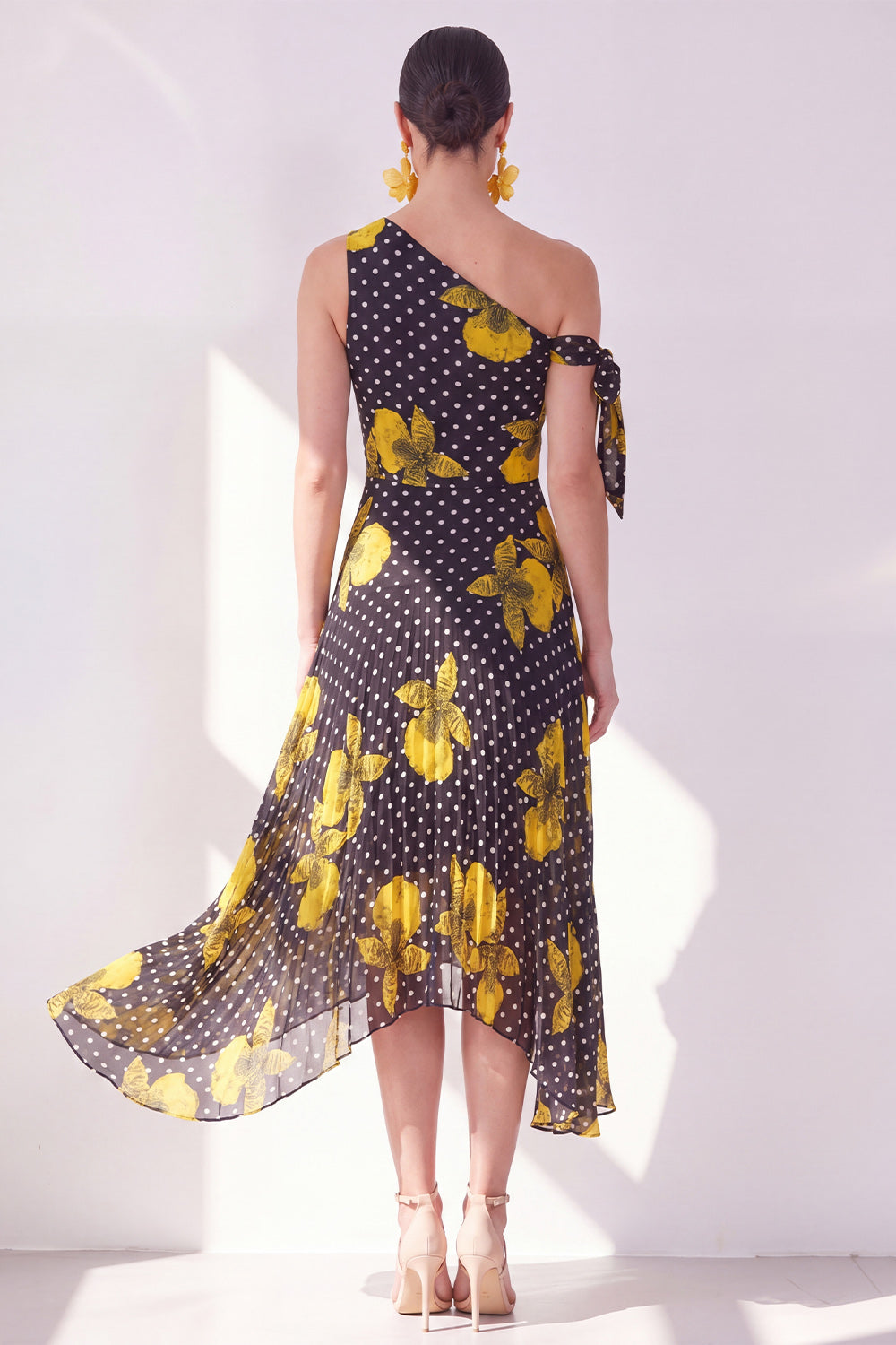 A Line Black Yellow Flower Polka Dots Maxi Beach Wedding Guest Dress