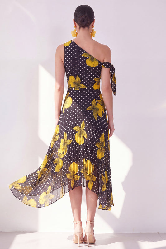 A Line Black Yellow Flower Polka Dots Maxi Beach Wedding Guest Dress
