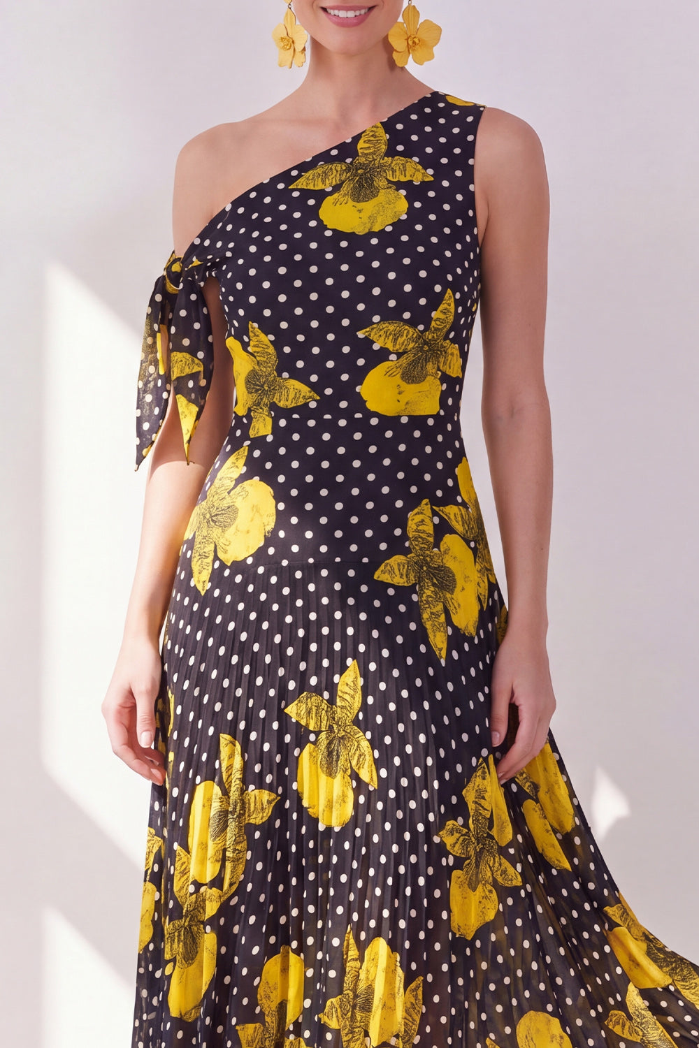 A Line Black Yellow Flower Polka Dots Maxi Beach Wedding Guest Dress