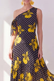 A Line Black Yellow Flower Polka Dots Maxi Beach Wedding Guest Dress