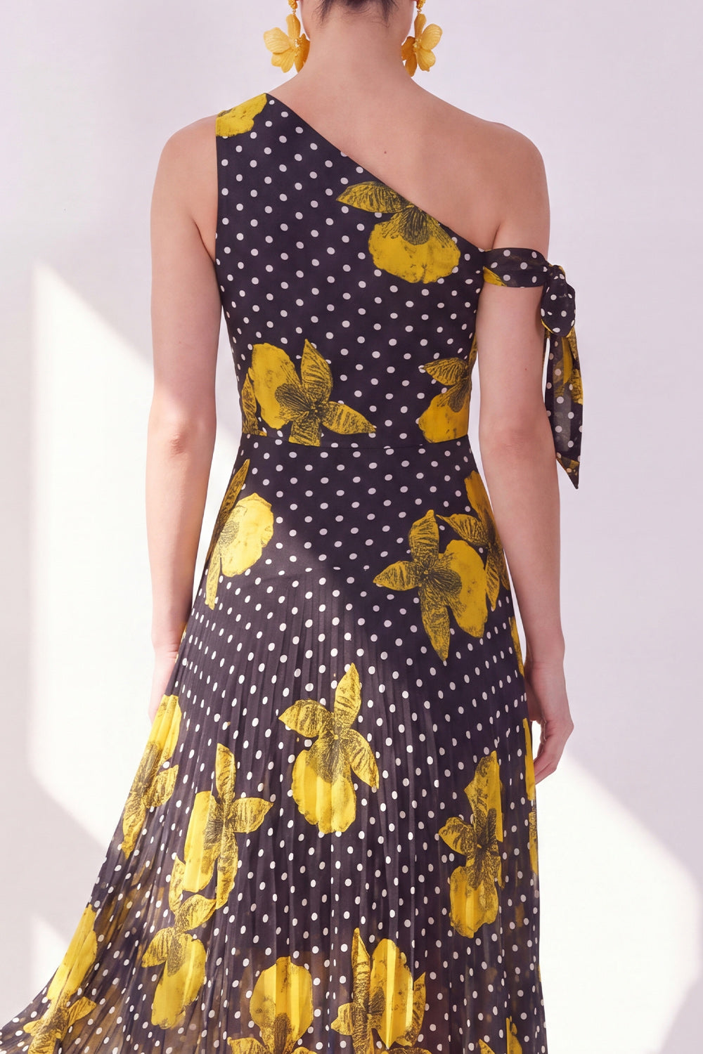 A Line Black Yellow Flower Polka Dots Maxi Beach Wedding Guest Dress