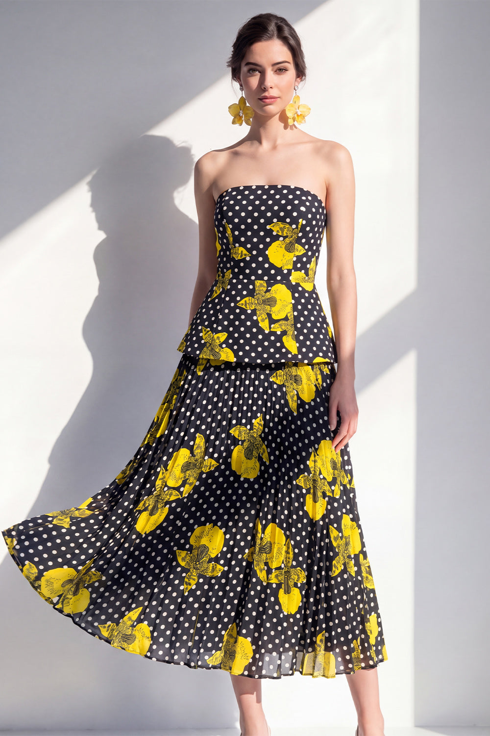 Polka Dots A Line Black Yellow Flower Maxi Beach Wedding Guest Dress