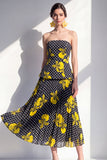 Polka Dots A Line Black Yellow Flower Maxi Beach Wedding Guest Dress