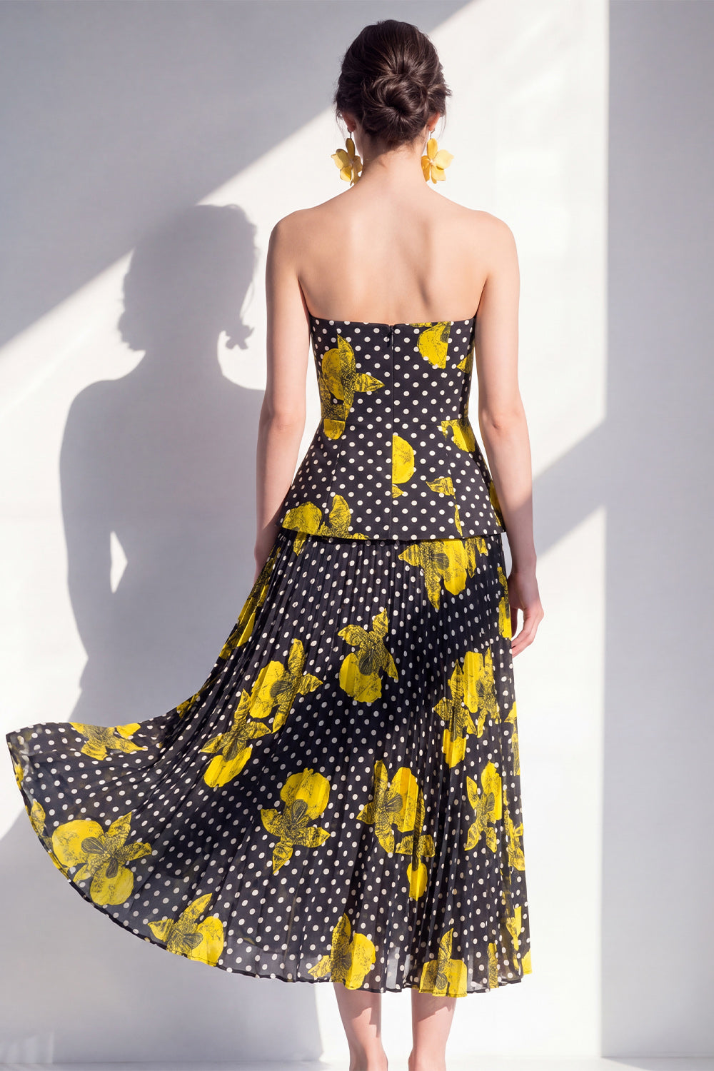 Polka Dots A Line Black Yellow Flower Maxi Beach Wedding Guest Dress