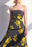 Polka Dots A Line Black Yellow Flower Maxi Beach Wedding Guest Dress